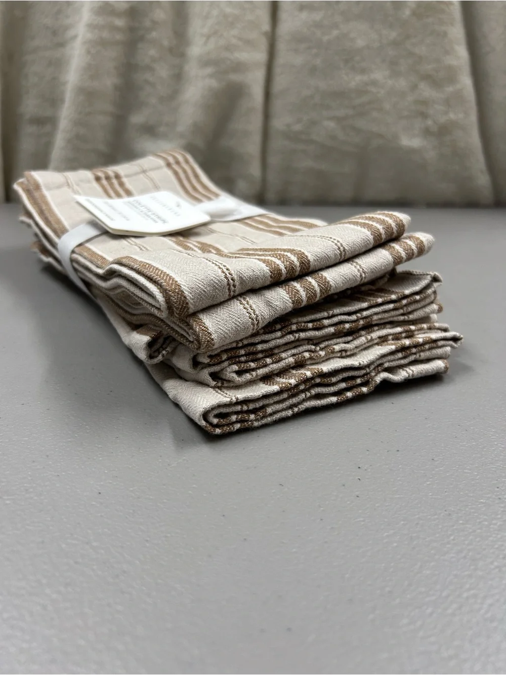 4 Pottery Barn Colette Stripe Tan Cotton Linen Table Napkins 20